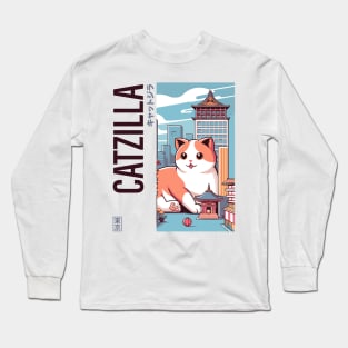 Catzilla Japanese Funny Cat Kawaii Parody Vintage Catzilla Long Sleeve T-Shirt